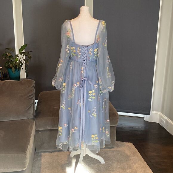 Women’s Blue Dress Embroidered Flowers & Butterflies Corset Back Size 12 NWOT - Picture 5 of 14